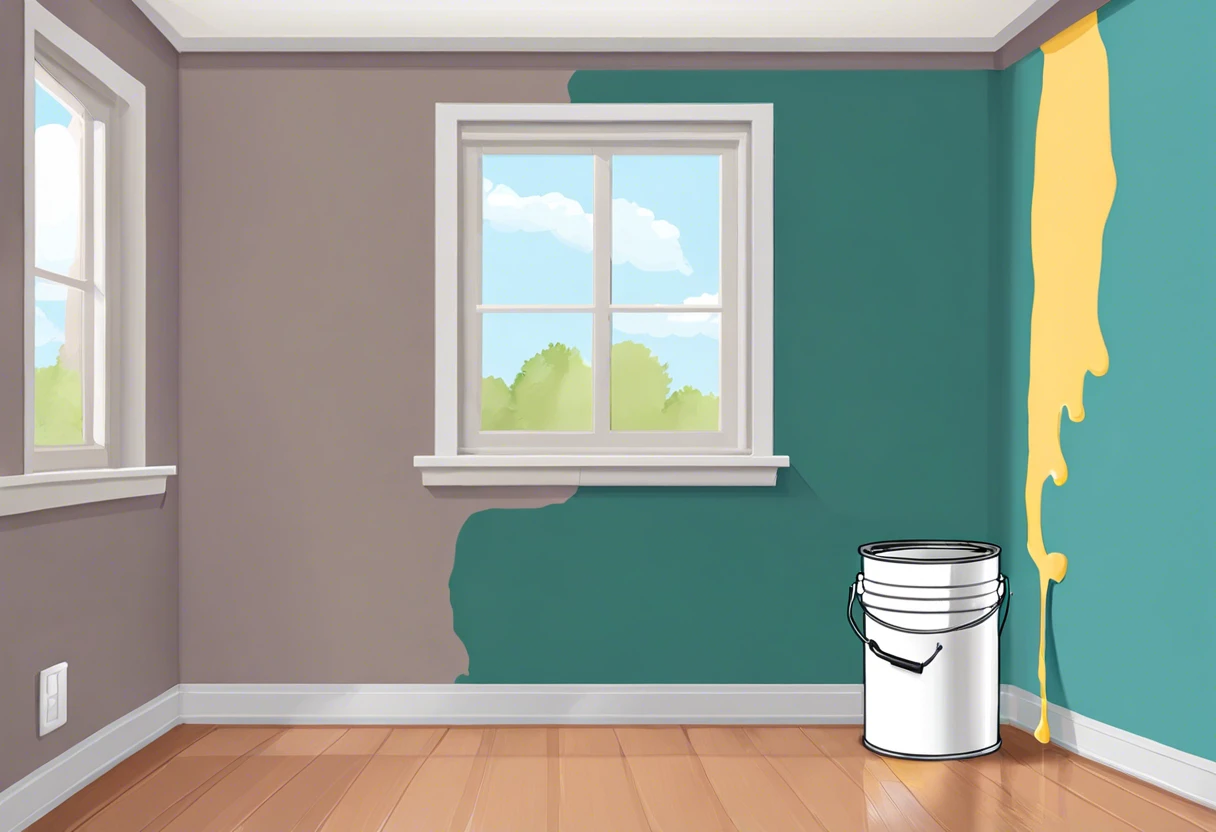 Illustration showing paint coverage of a gallon in a room with one wall painted teal and another wall gray.