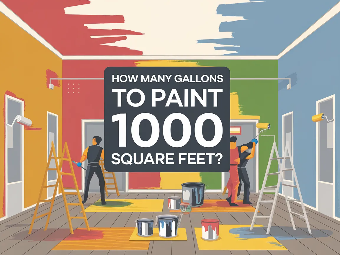 Illustration showing how many gallons are needed to paint 1000 square feet with painters and paint cans