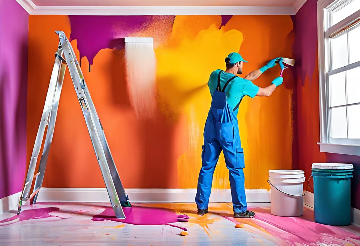 A person painting a wall demonstrating how many gallons are needed to paint 1000 square feet.