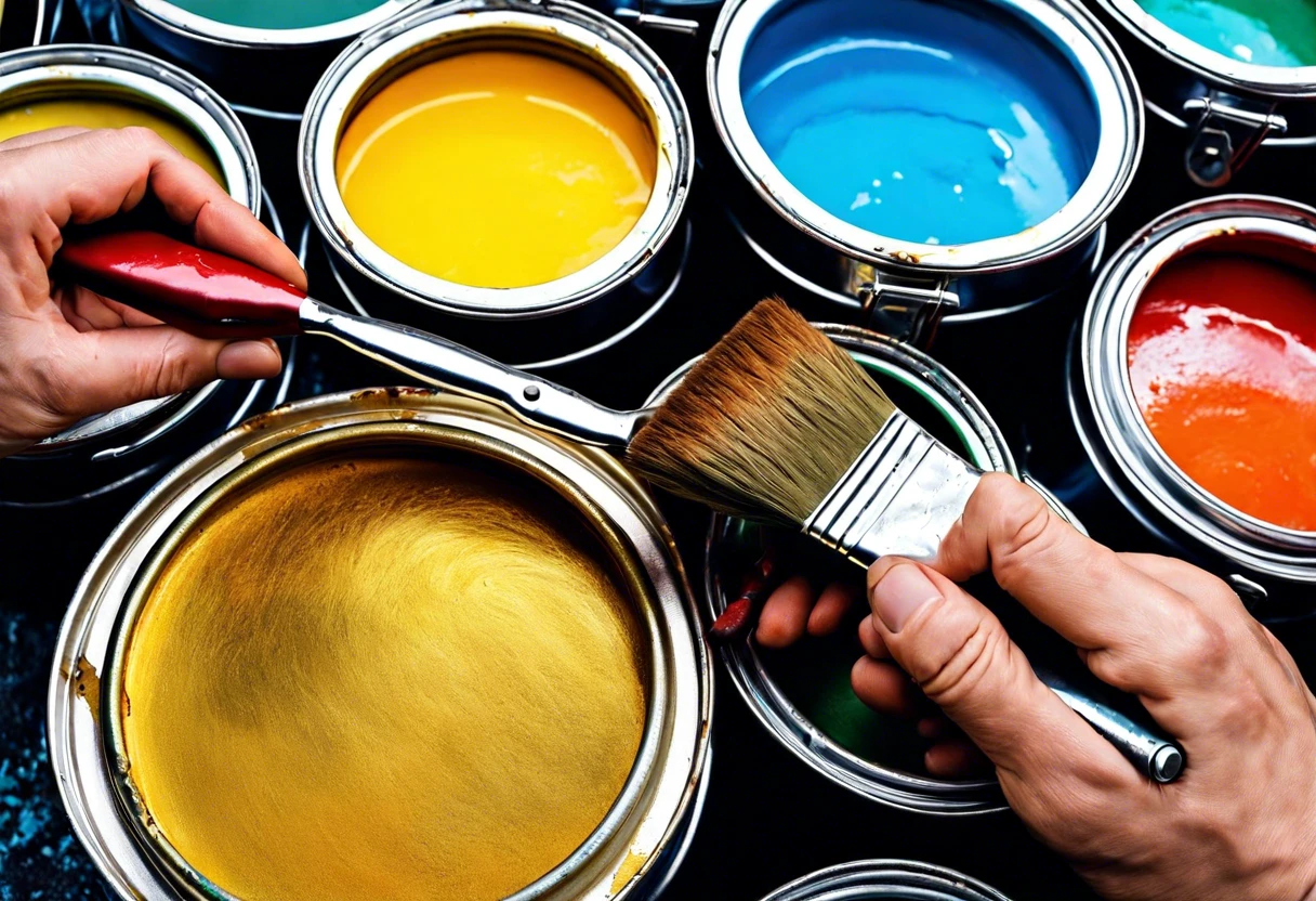 Hands holding a brush above a can of gold paint, surrounded by colorful paint cans, discussing how to paint galvanised steel.