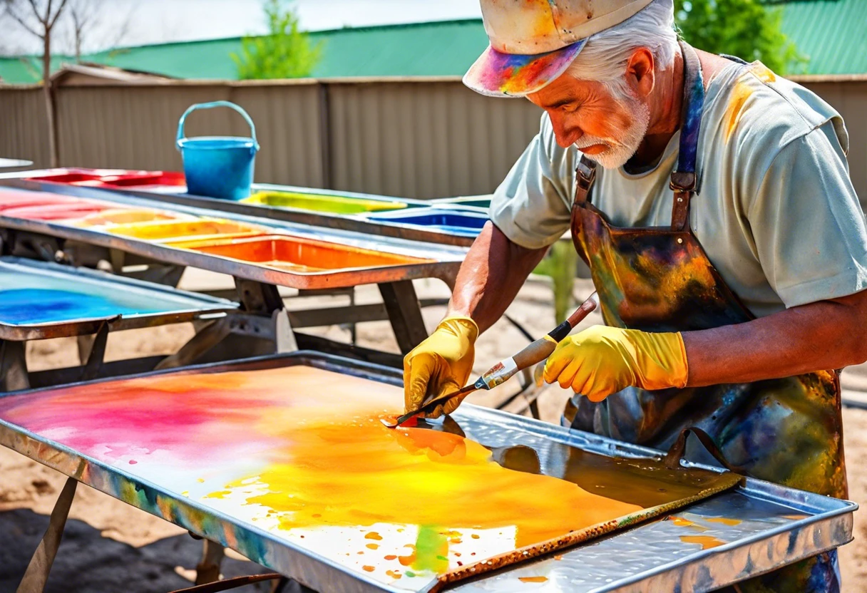 A skilled painter applying vibrant colors on galvanized surfaces, showcasing the painting process for galvanized materials.