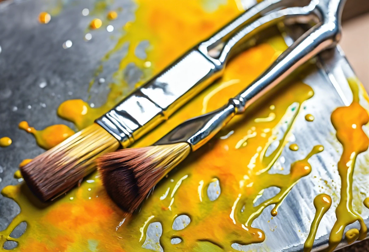 Brushes on galvanized metal surface for painting demonstration