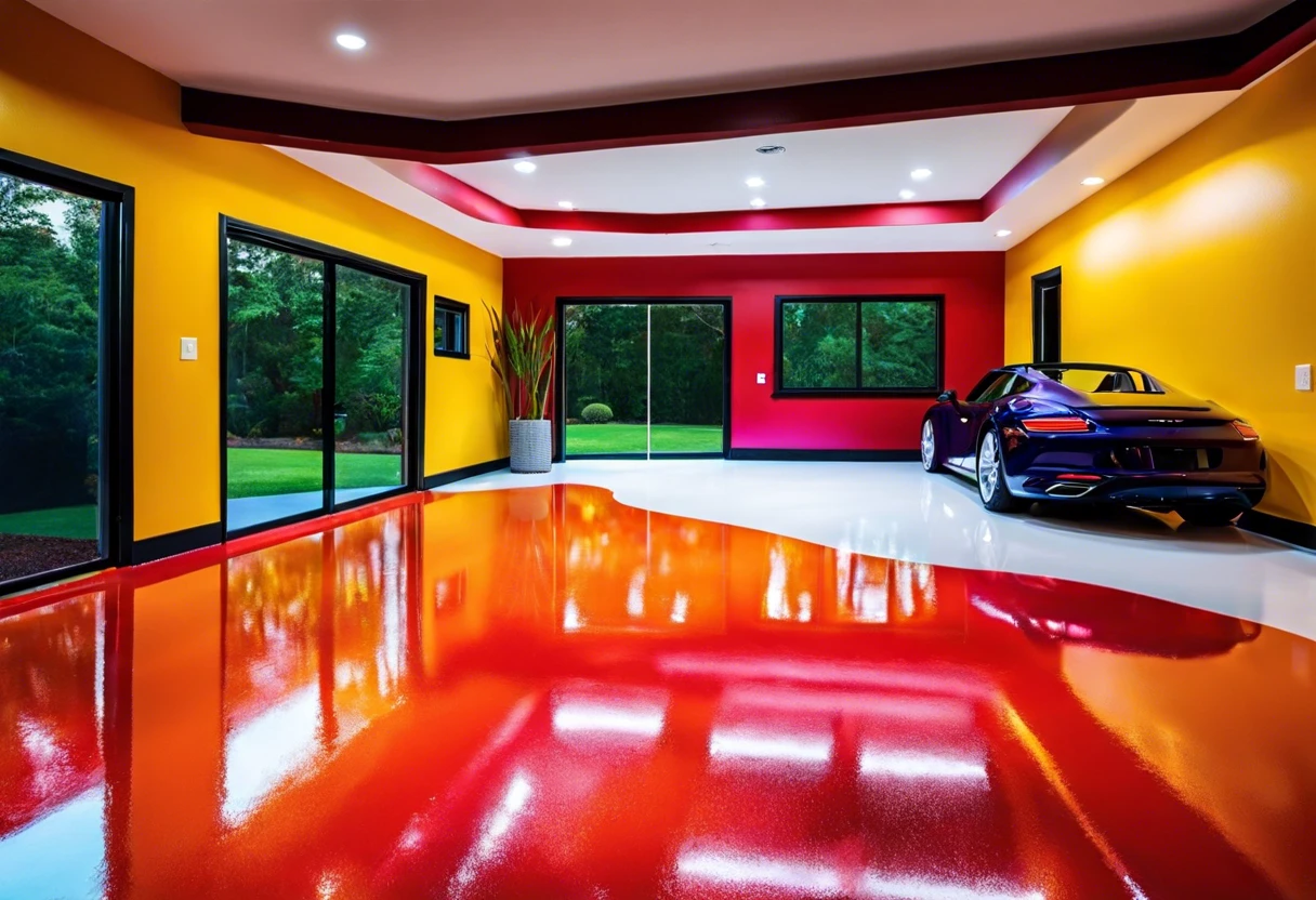 Vibrantly painted garage floor showcasing red and yellow colors, perfect for garage floor paint ideas.