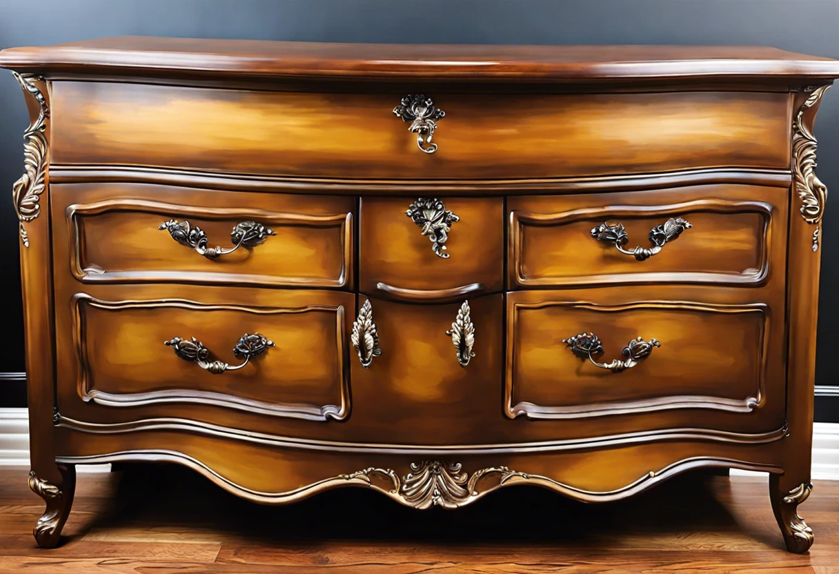 Beautifully stained wooden dresser showcasing the effects of gel stain over paint.