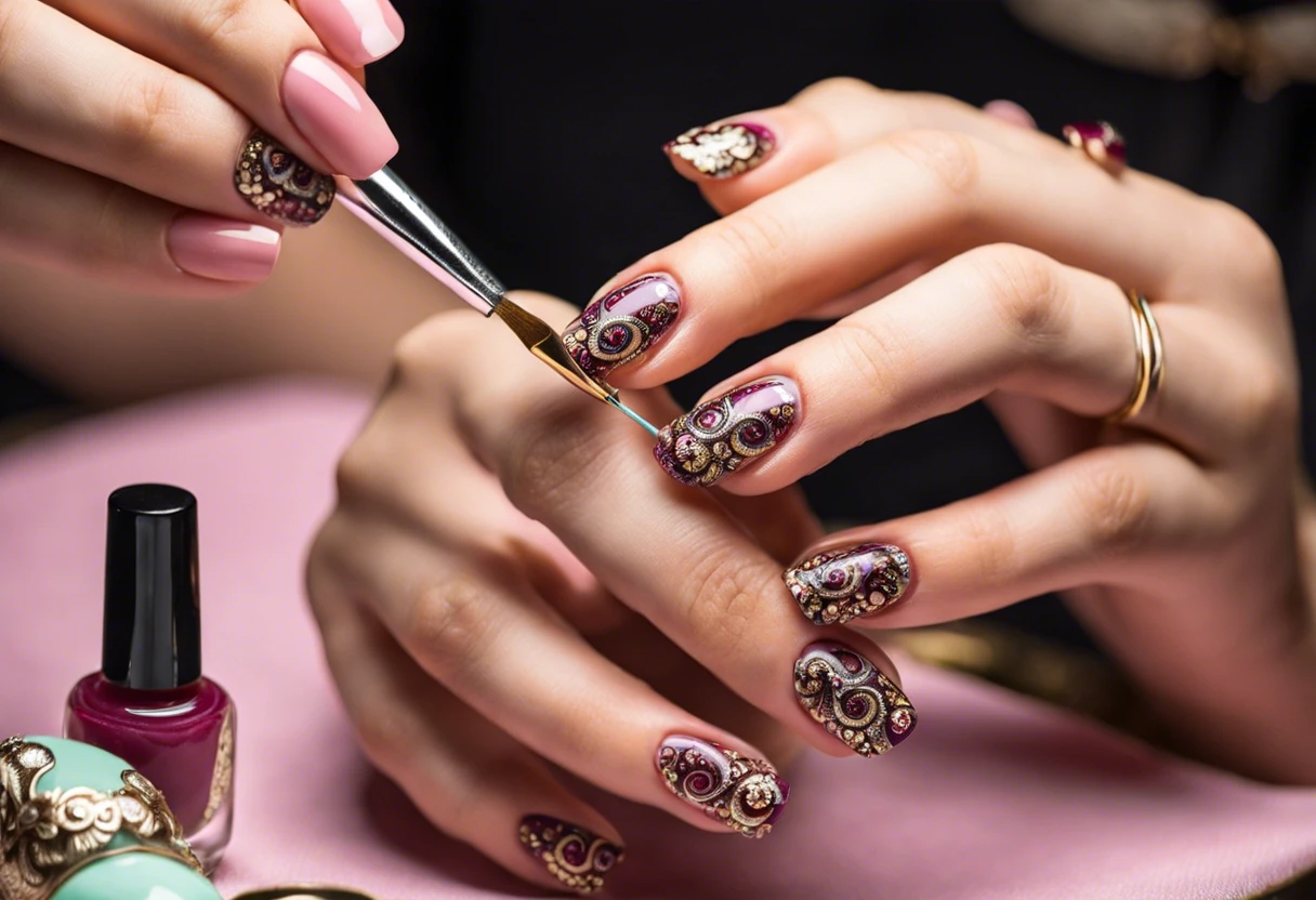 Woman painting Gel X nails with intricate designs and embellishments.