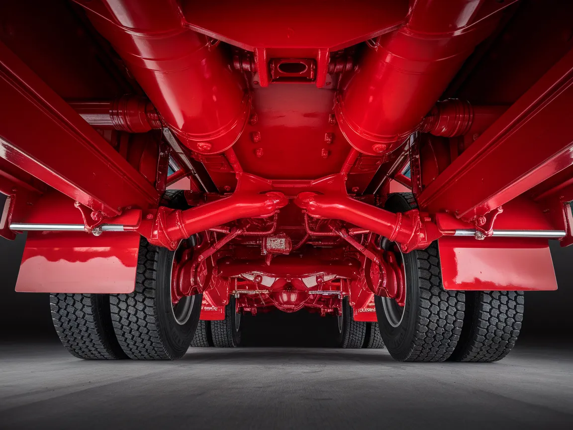 Close view of the red-painted undercarriage of a German lorry, emphasizing its vibrant color.