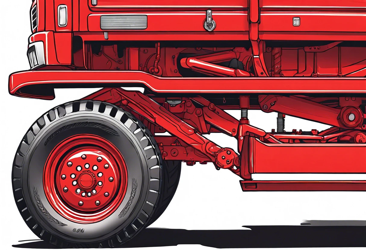 Close-up of the red undercarriage of a German lorry, showcasing its distinct color.