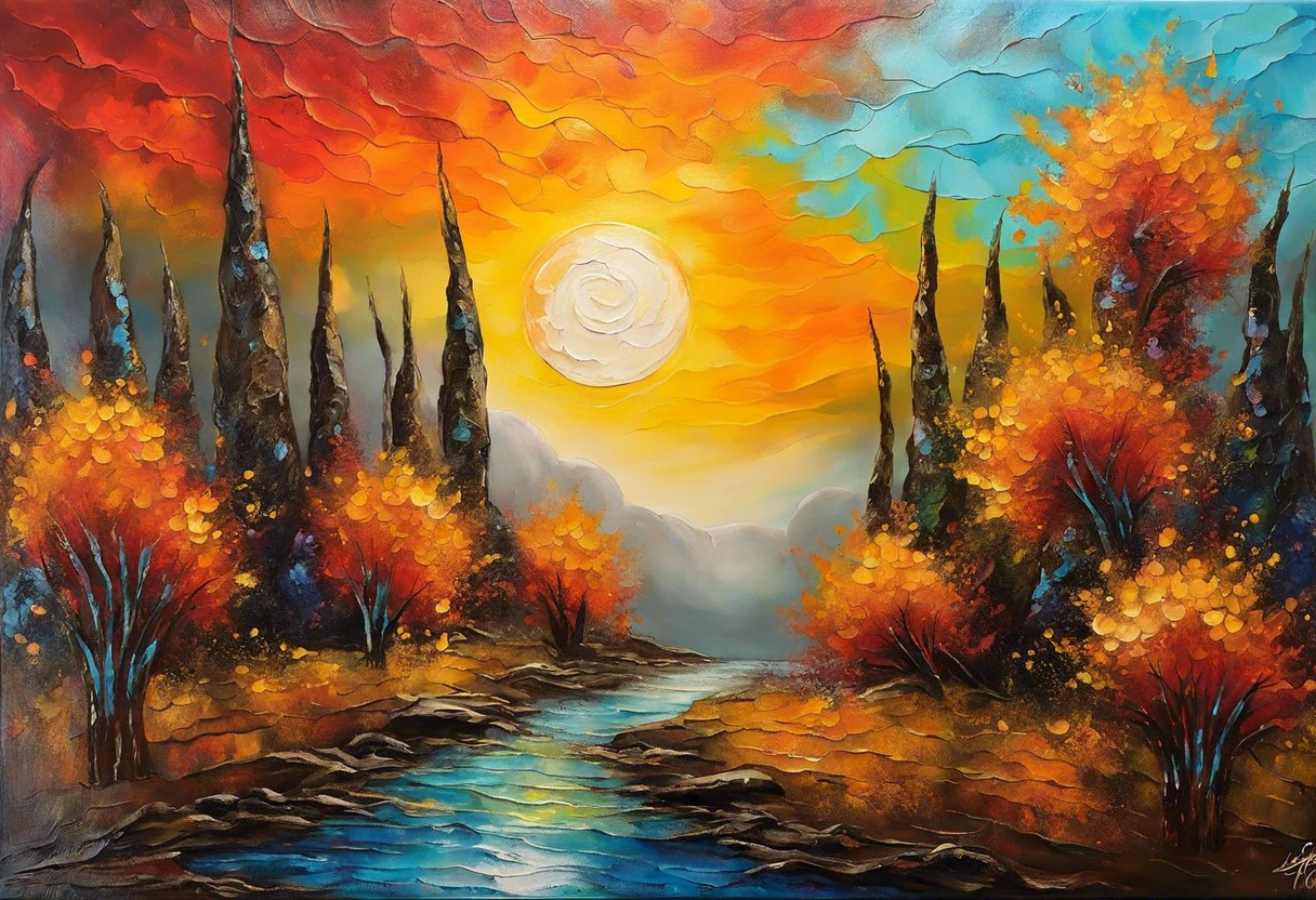 Vibrant landscape painting with oil paint showing how gesso can be applied over oil layers