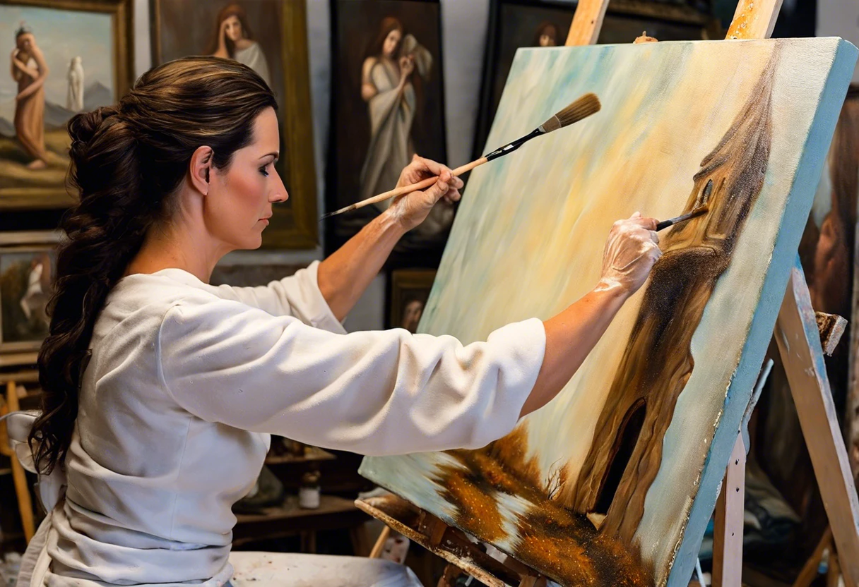 Artist applying gesso over an oil painting on canvas