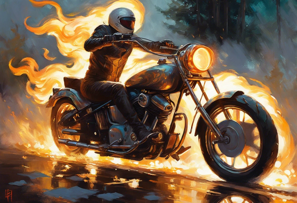 A motorcycle emitting ghost flames while speeding down a road, demonstrating the technique of painting ghost flames.