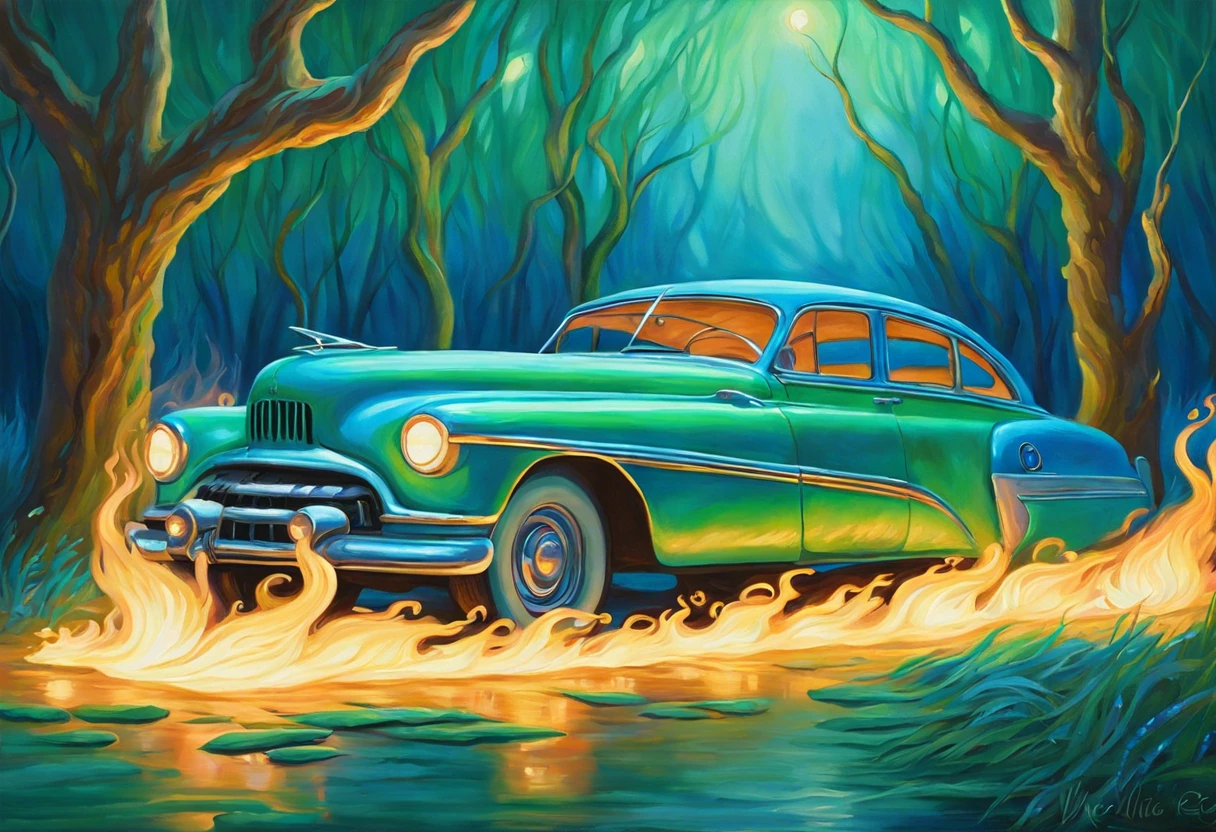 A classic car surrounded by vibrant ghost flames, demonstrating the technique of painting ghost flames.