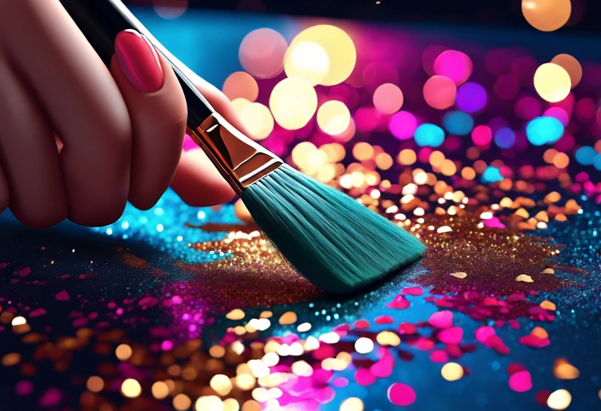 Hand holding a paintbrush applying glitter to paint, illustrating the process of adding glitter to paint.