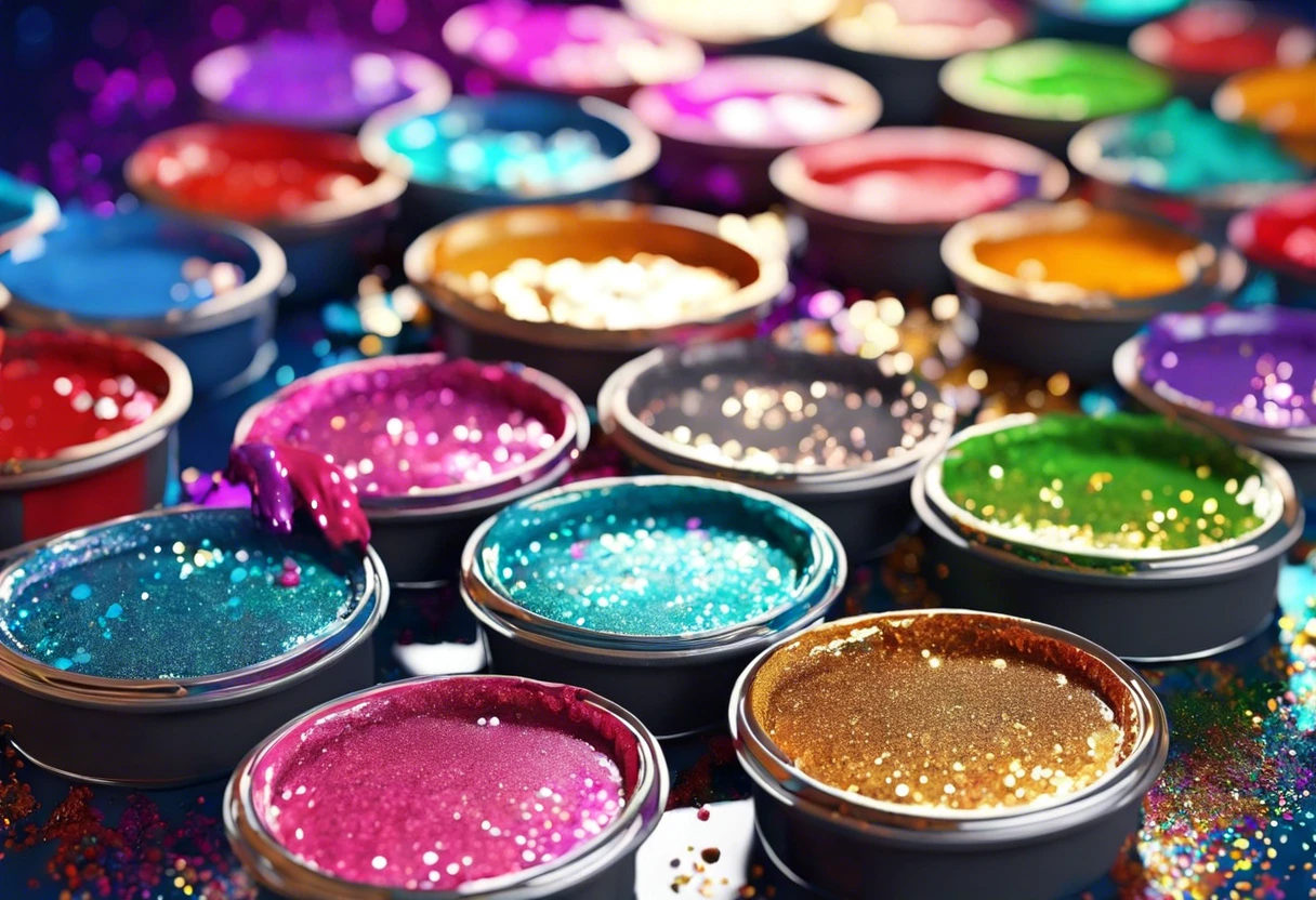 Colorful paint containers with glitter illustrating how to add glitter to paint.
