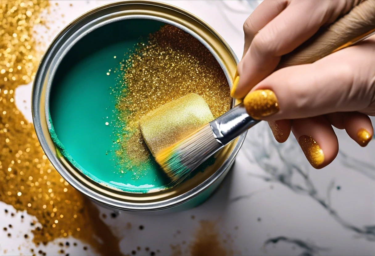 A person adding golden glitter to teal wall paint, illustrating the process of enhancing wall color with glitter.