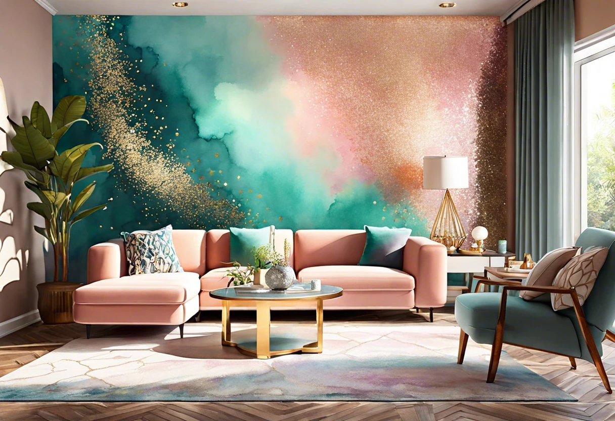 Vibrant living room featuring a wall adorned with glitter and colorful paint, showcasing how to add glitter to wall paint.