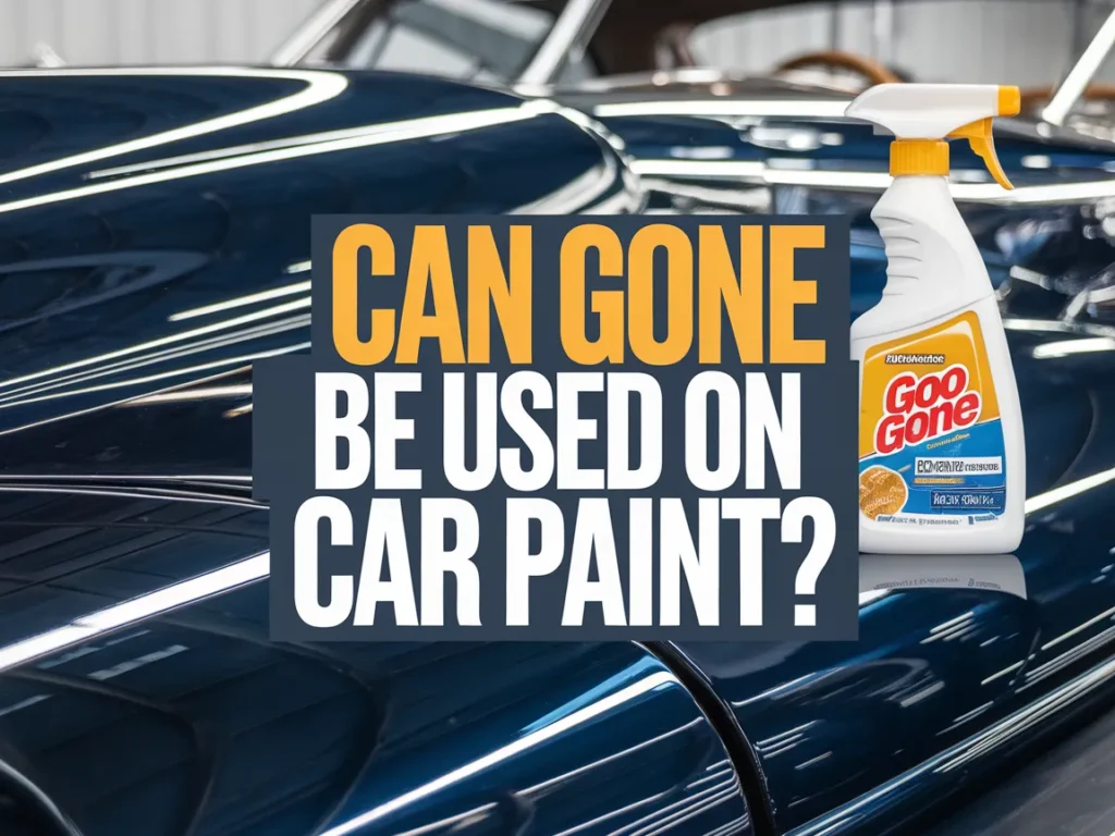 Close-up of a shiny car surface with Goo Gone bottle, discussing if Goo Gone is safe for car paint.