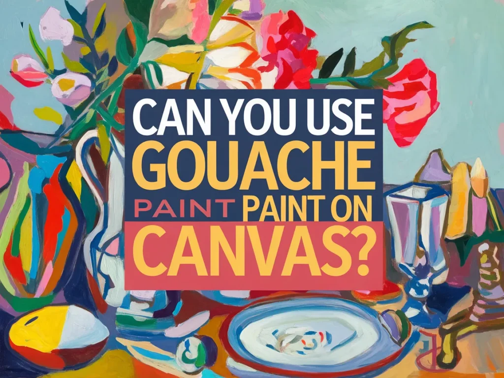 Vibrant artwork showcasing gouache paint techniques on canvas with flowers and a still life arrangement.