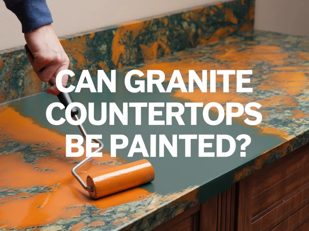 A person painting a granite countertop with a roller, showcasing the process of how granite countertops can be painted.