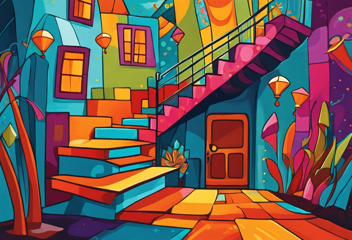 Colorful painting of gravity defying stairs by an artist, featuring vibrant houses and surreal architecture.