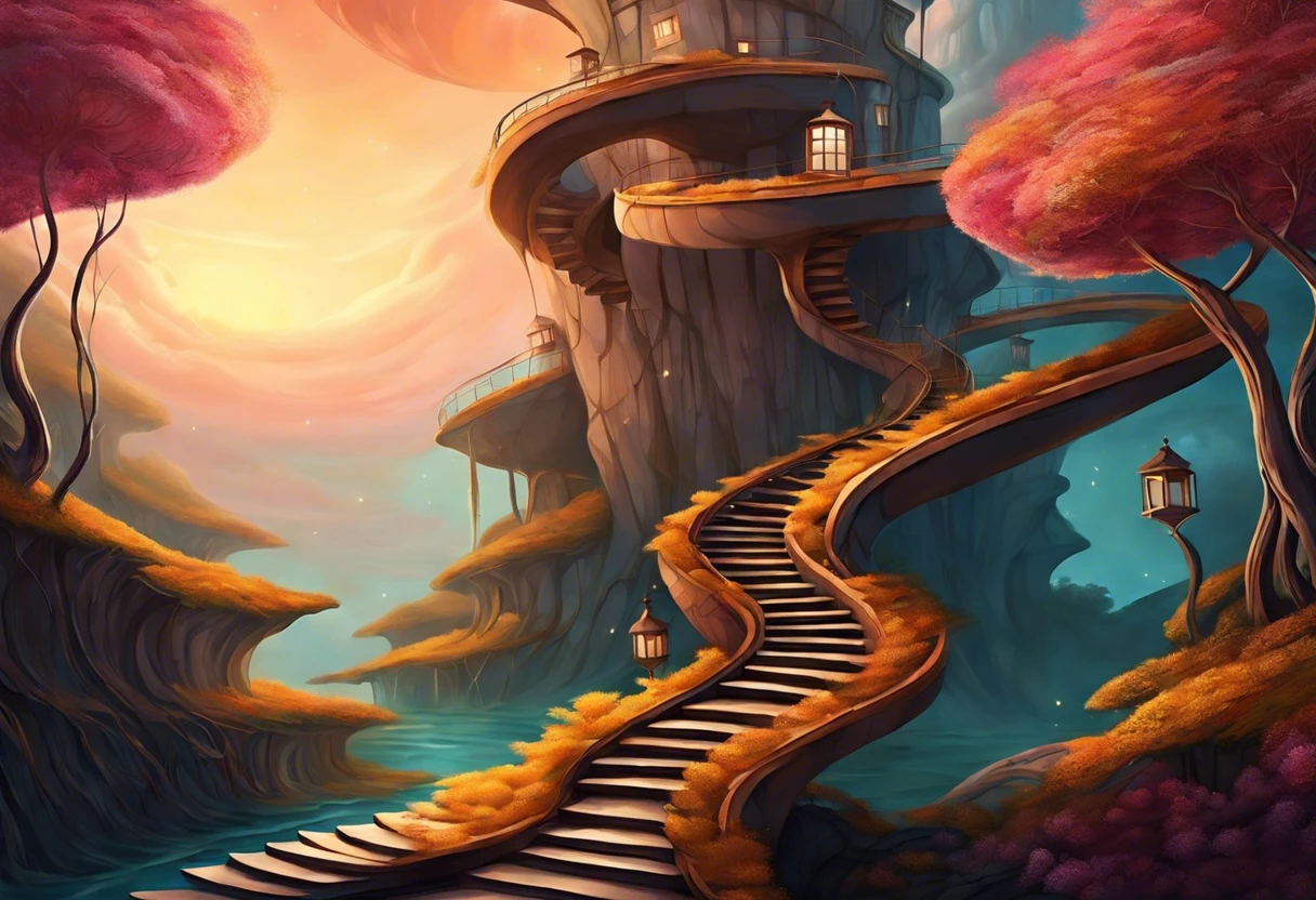 A stunning artwork featuring gravity defying stairs leading up to a whimsical tower, showcasing the imaginative style of the artist.