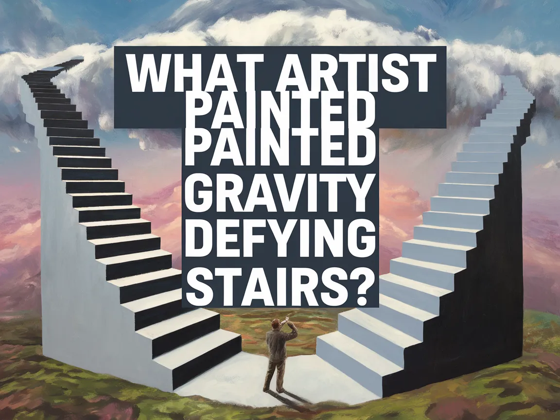 A surreal image featuring gravity defying stairs that challenge perception, related to the artist who painted them.