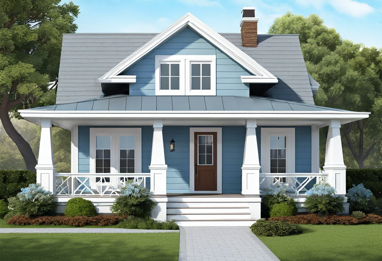 A charming house with a gray roof and blue siding, showcasing ideal paint colors that complement gray roofs.