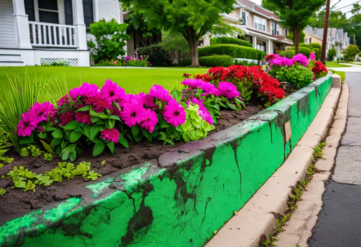 Curb painted green with colorful flowers, indicating special parking regulations.