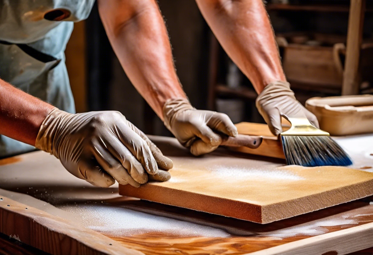 Close-up of a person sanding wood with grit sandpaper before painting.