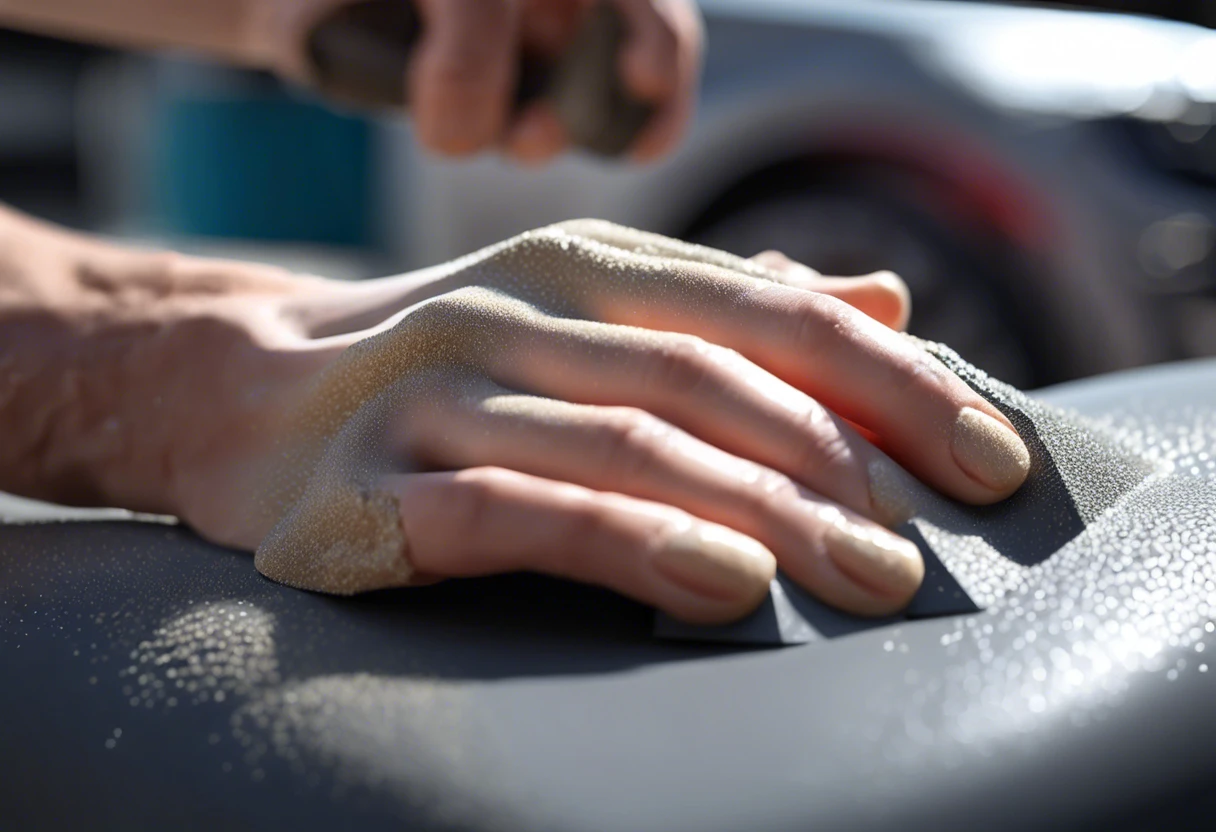 Close-up of hands using grit sandpaper for car painting preparation