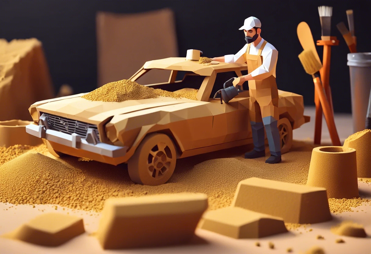 Person using grit sandpaper on a model car for painting preparation
