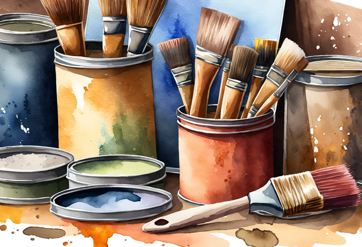 Variety of brushes and containers in a painting setup, illustrating tools needed for preparing surfaces before painting
