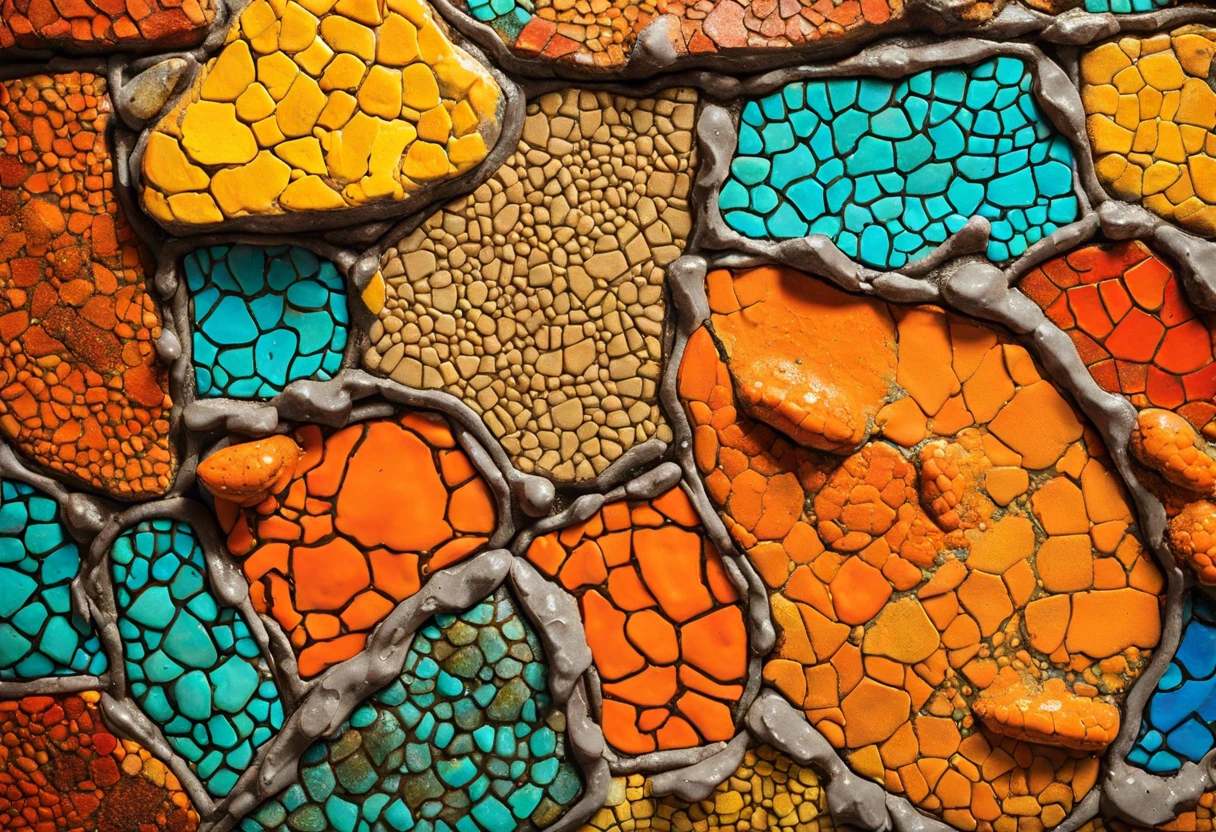 Colorful mosaic with mixed grout and paint illustrating the blending of colors in home decor projects.