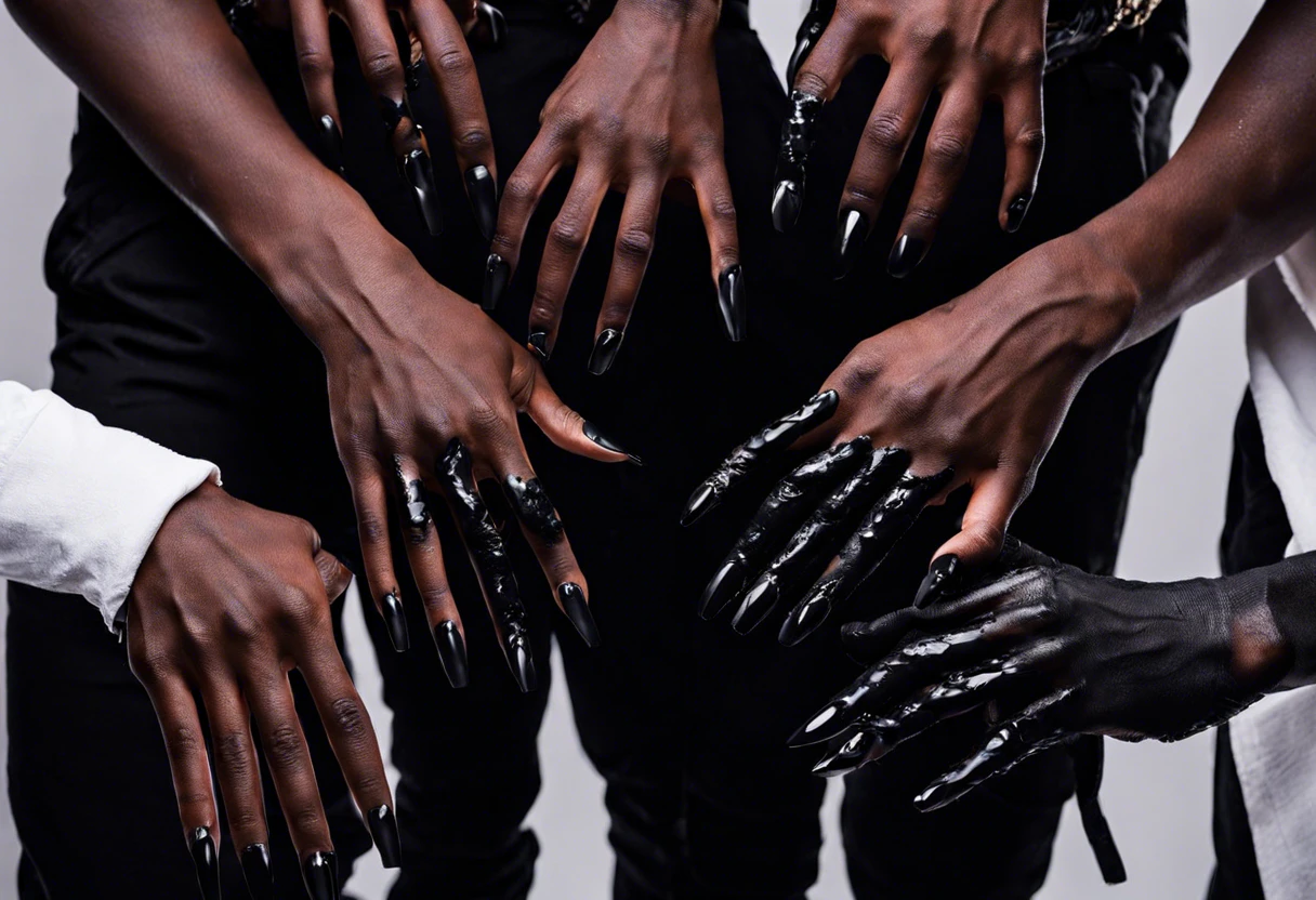 A group of hands with black-painted nails highlighting the trend of guys painting their nails black.