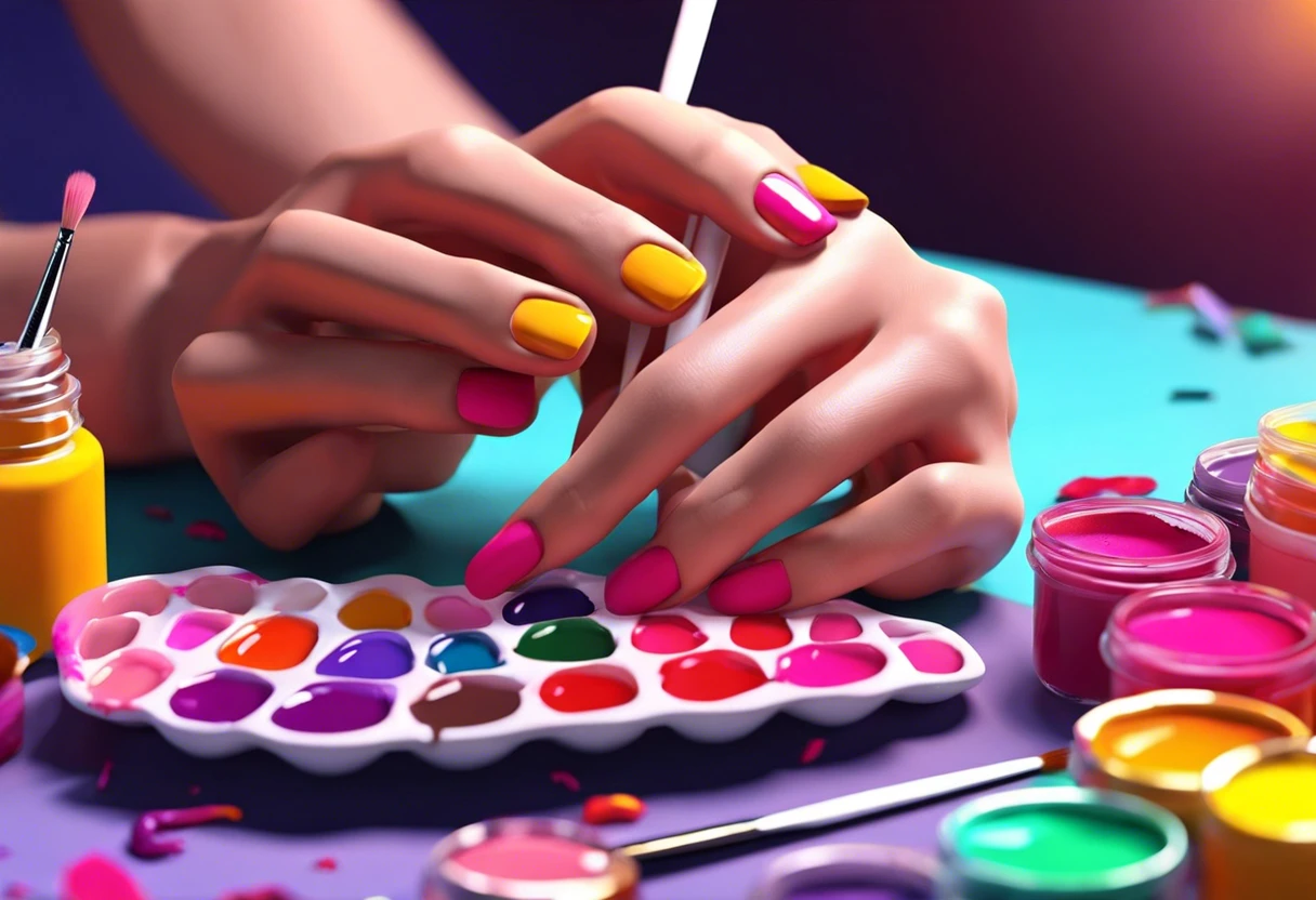 Close-up of hands painting nails with vibrant colors, demonstrating that guys can paint their nails.