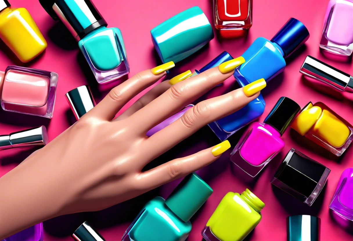 A hand with yellow nails surrounded by colorful nail polish bottles, showcasing nail painting options for men.