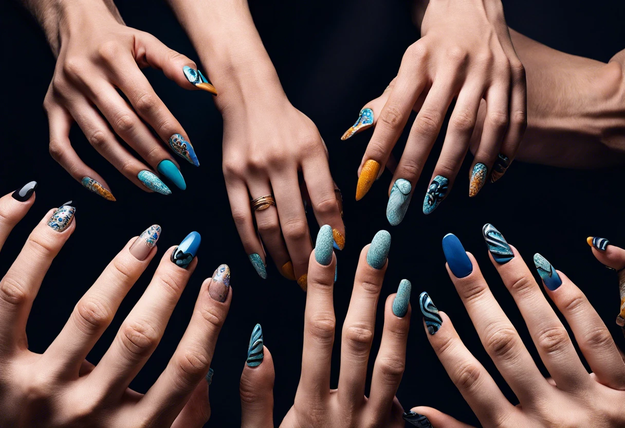 Colorful painted fingernails showcasing various designs by guys