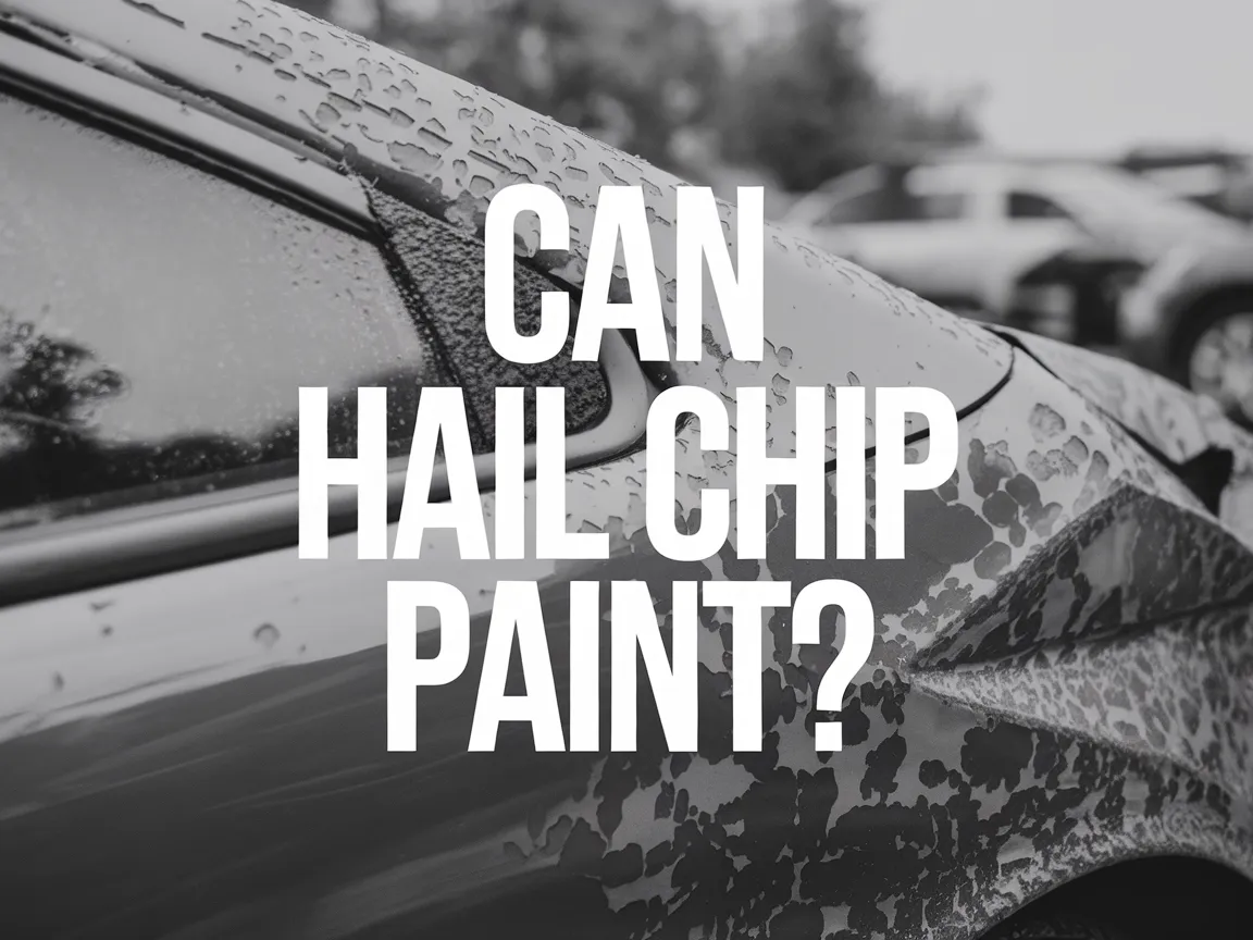 Close-up of a car with hail damage showing paint chips, illustrating the question Can Hail Chip Paint?