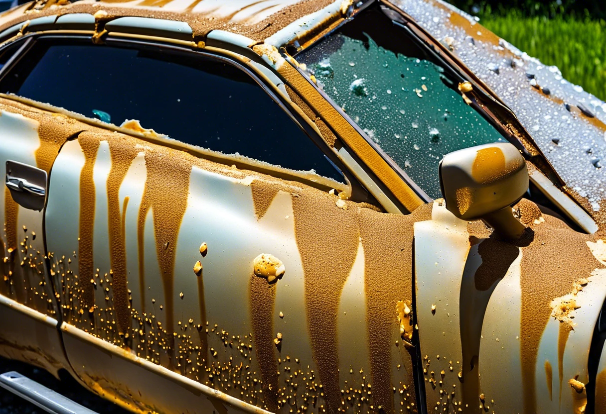 Car with chipped paint due to hail damage, illustrating the effects of hail on automotive surfaces.