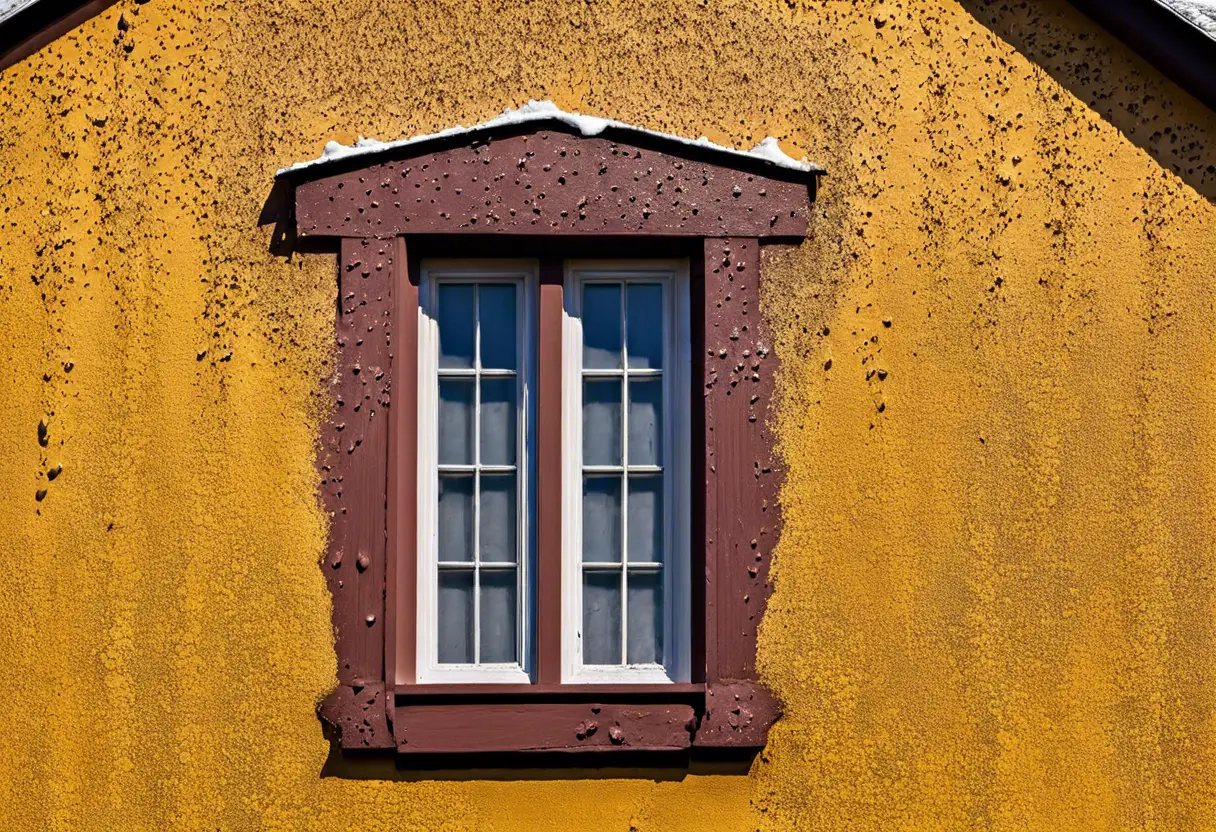 Hail chip damage on painted wall, highlighting the impact of hail on exterior surfaces.