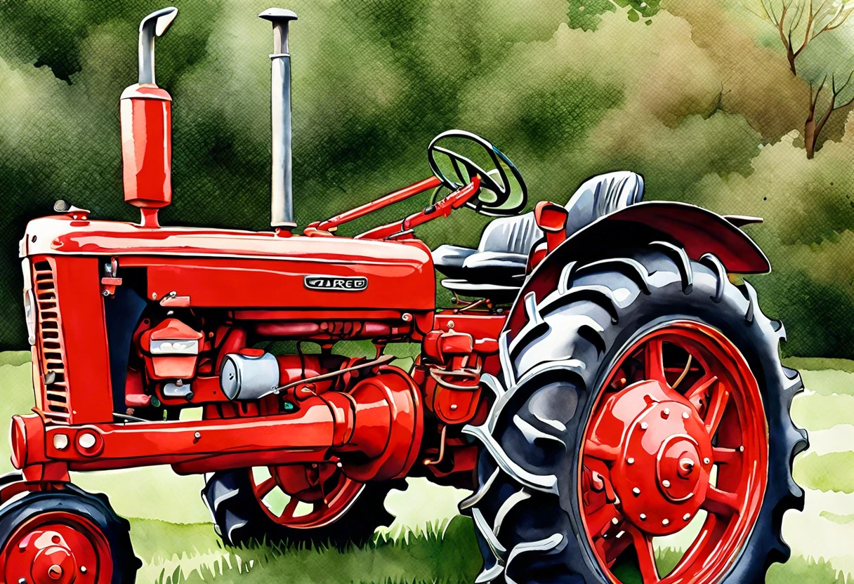 A vibrant red tractor showcasing hand painting techniques, illustrating how to hand paint a tractor.