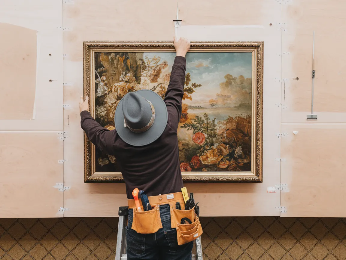 Person hanging a painting on drywall with tools in an apron