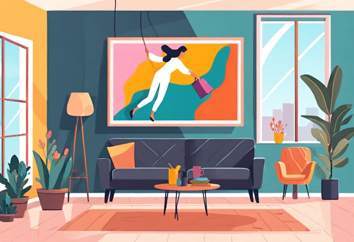 Illustration of a person hanging a painting on drywall in a modern living room setting, demonstrating proper techniques.