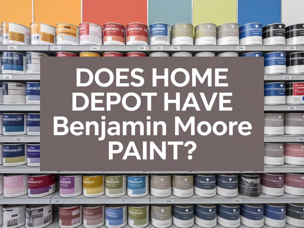Display of Benjamin Moore paint cans in Home Depot store related to the availability of Benjamin Moore paint.