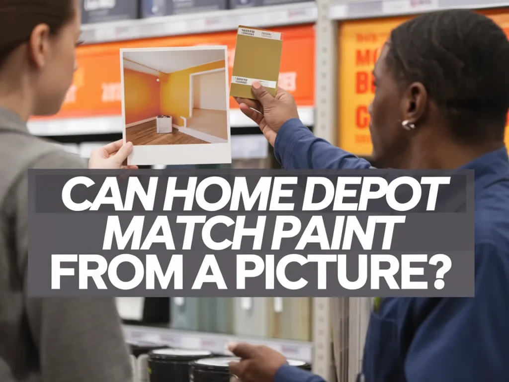 A customer showing a picture of a room to a Home Depot associate for paint matching.