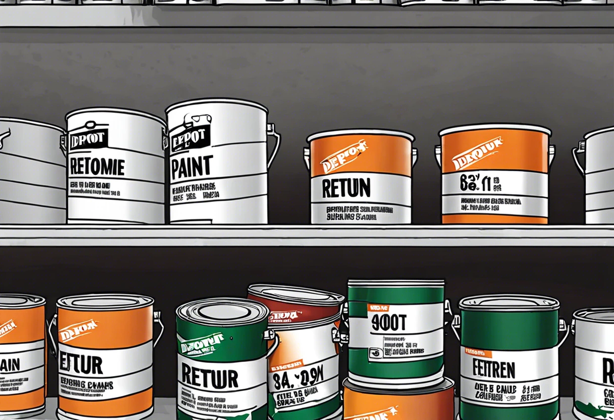 A selection of paint cans on shelves at Home Depot, highlighting the return policy for paint.