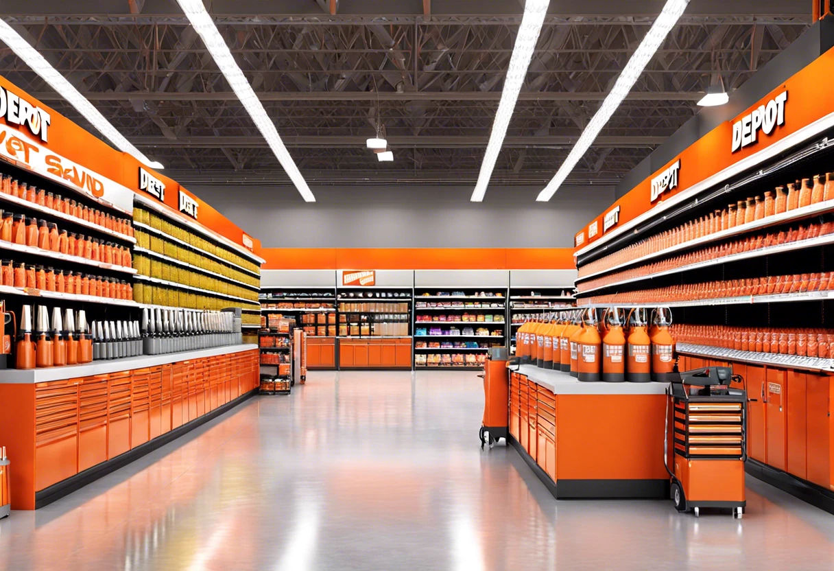 Interior view of Home Depot showcasing paint sprayers available for rent.