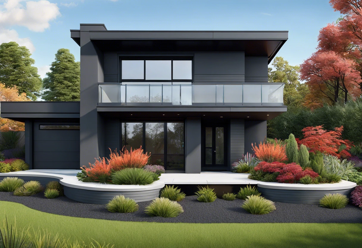Modern house with dark gray foundation in a landscaped garden, illustrating foundation color options.