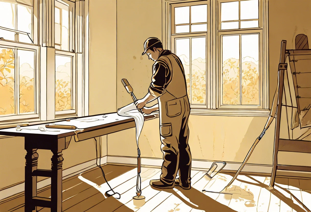 House painter preparing to paint a room, showcasing tools and workspace, related to hourly wages for painters