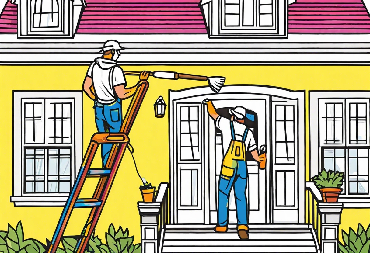 Two house painters working on exterior house painting, illustrating hourly wages for house painters.
