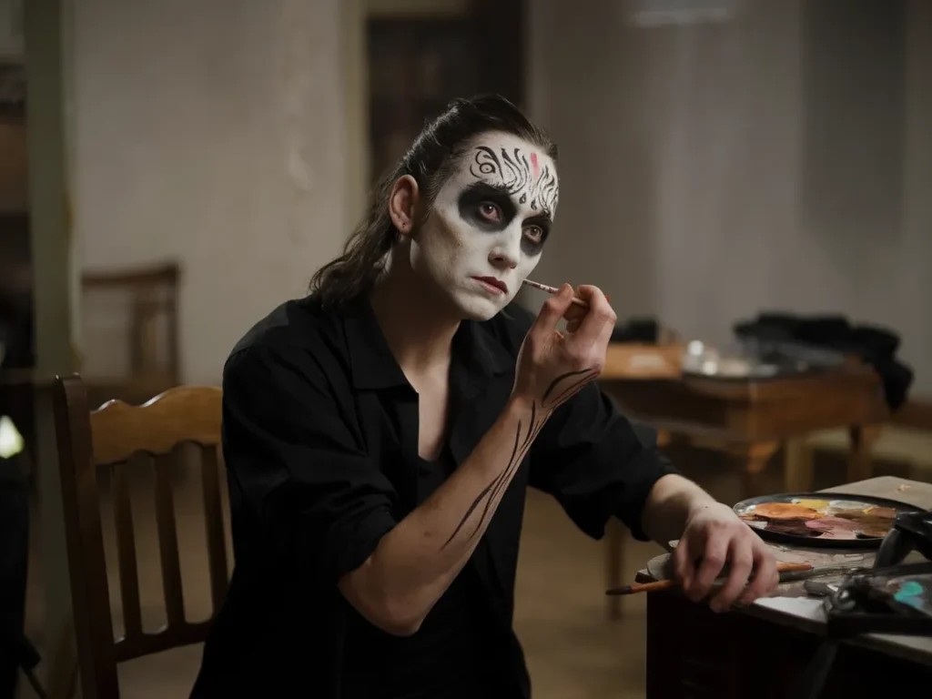 Individual applying corpse paint with a brush in a creative setting.
